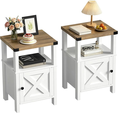 24.8" Nightstand Set 2, Wood, with Barn Door, White/Beige