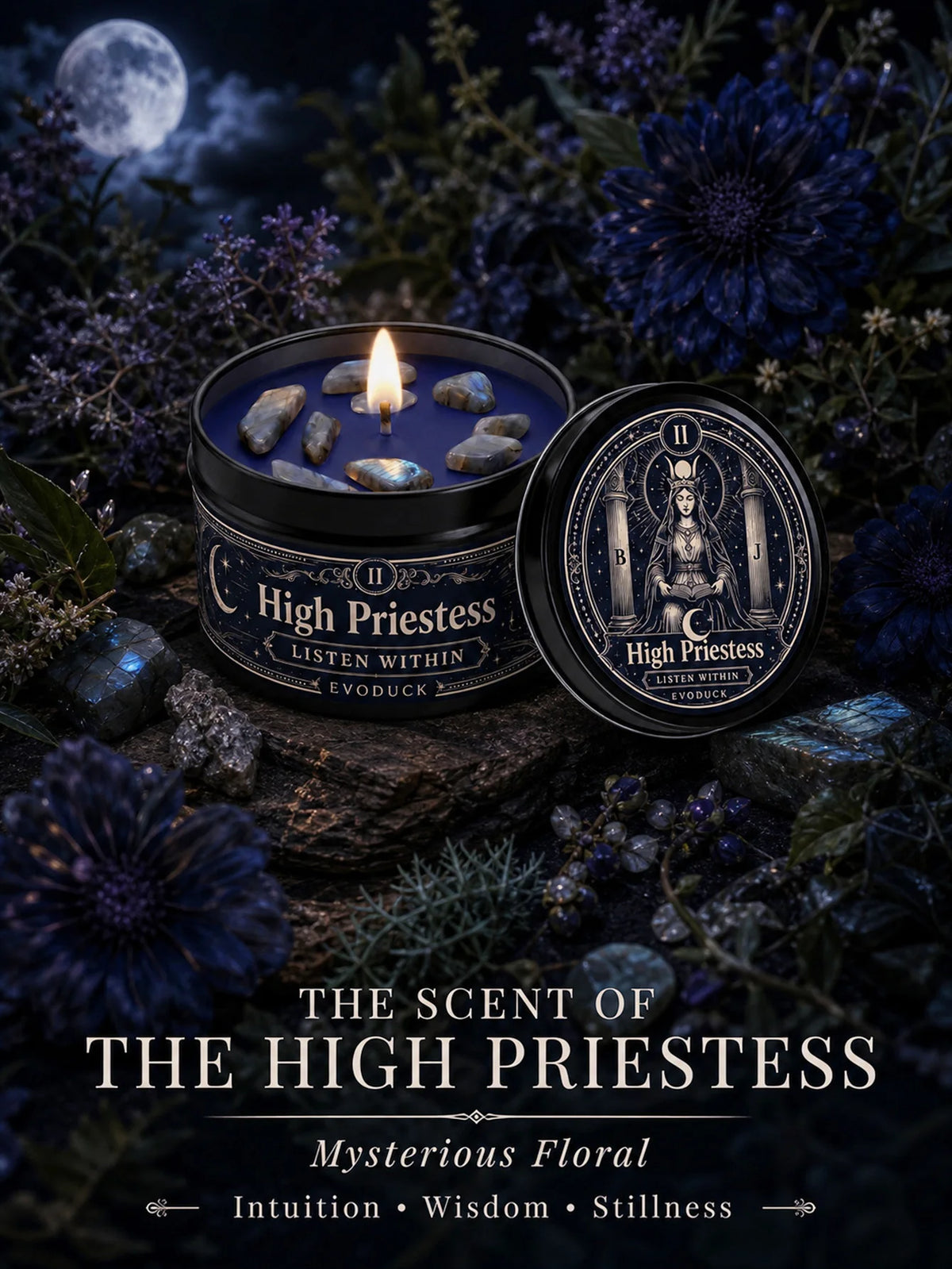 The High Priestess Tarot Candle with Blue Grey Crystal Stones, 3/2/1 Sets, Scented  for Meditation, 3 Oz