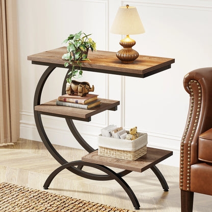 C-Shaped, Industrial 3-Tier Small, Wood Table with Storage Shelves