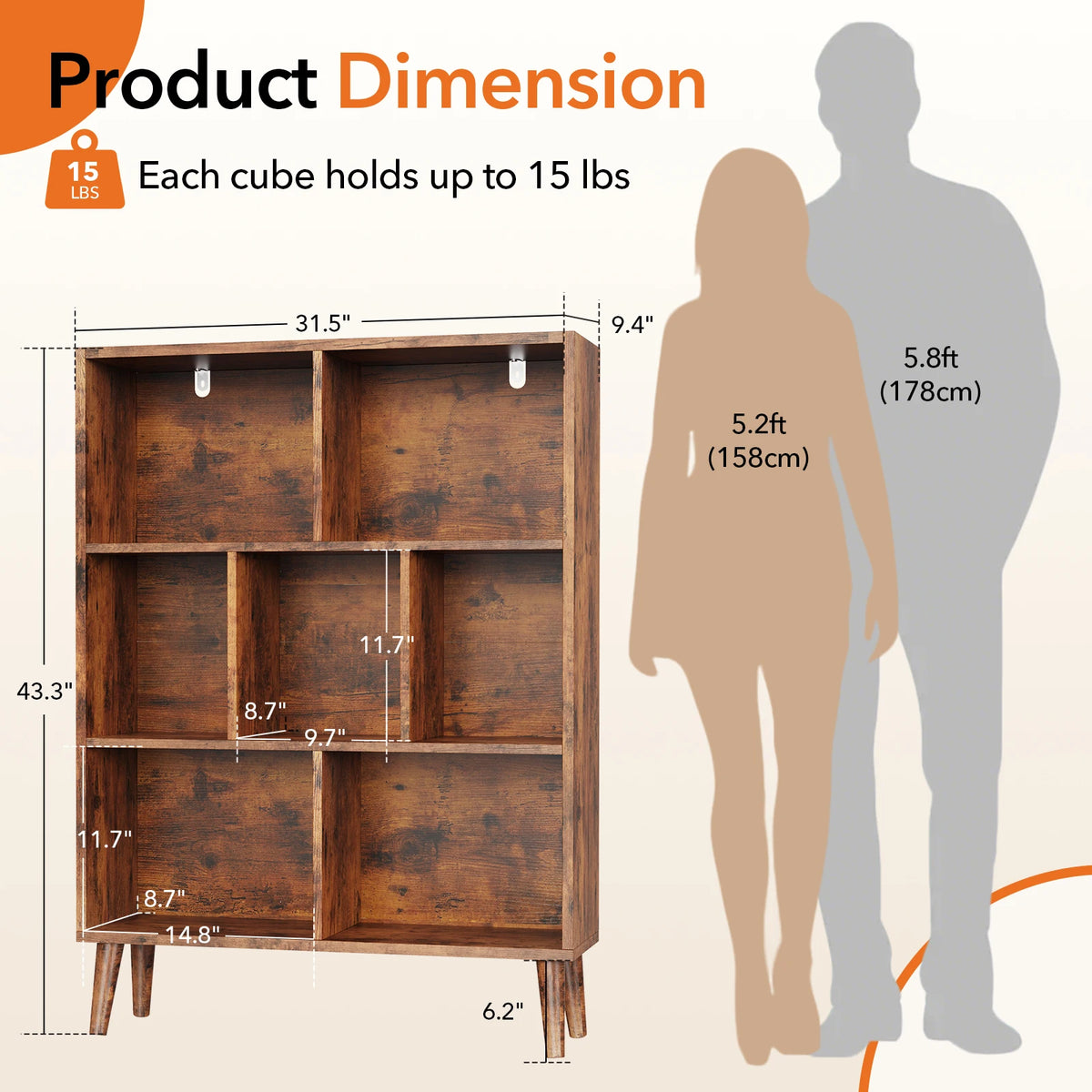 7 Cube Wooden Storage Bookshelf with Legs 3-Tier Standing