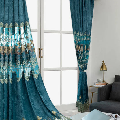 European Luxury Chenille Lace Embroidery Curtains 2 Panels, Lake Blue Grommet Window Drapes, 2 Sizes.....