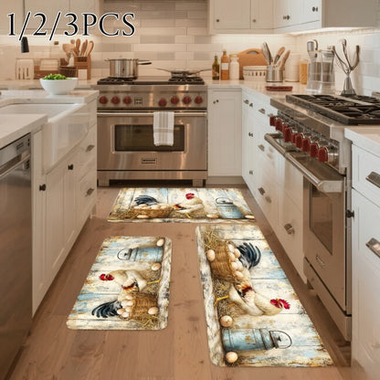 3PCS Kitchen Rugs Rooster Chicken Basket Rustic Pattern