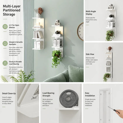 Floating Shelf Group - 4-layer wall-mounted, invisible hardware, reinforced brackets, natural wood grain, easy to install