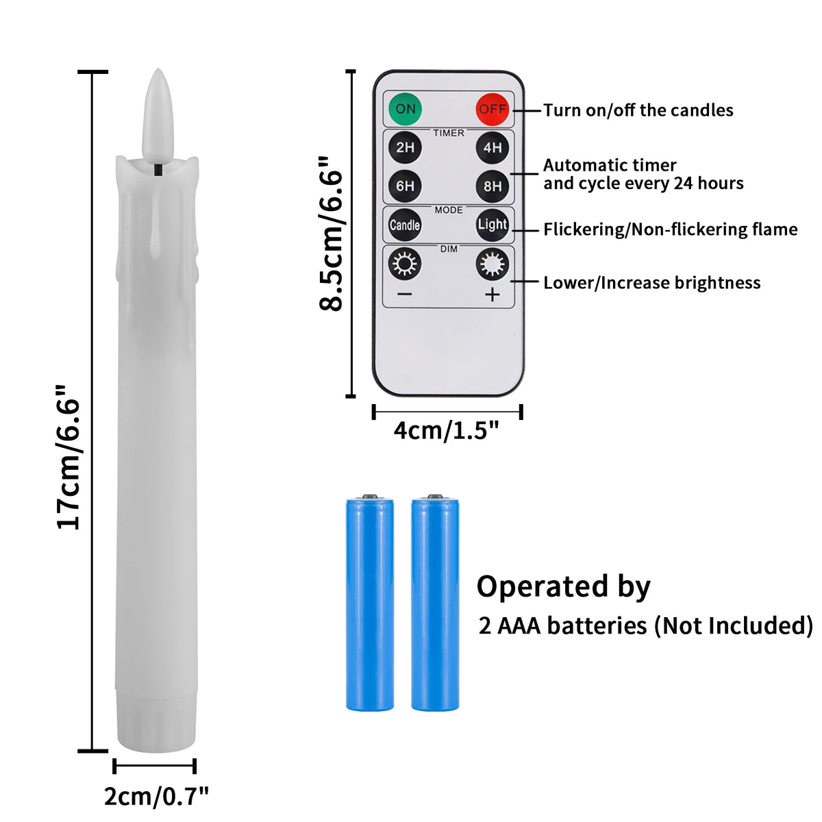 6.5 In. Flameless Taper Candles with Remote Timer Dripping Wax Flickering Fake LED Candlesticks, 2- AAA Batters Needed ....