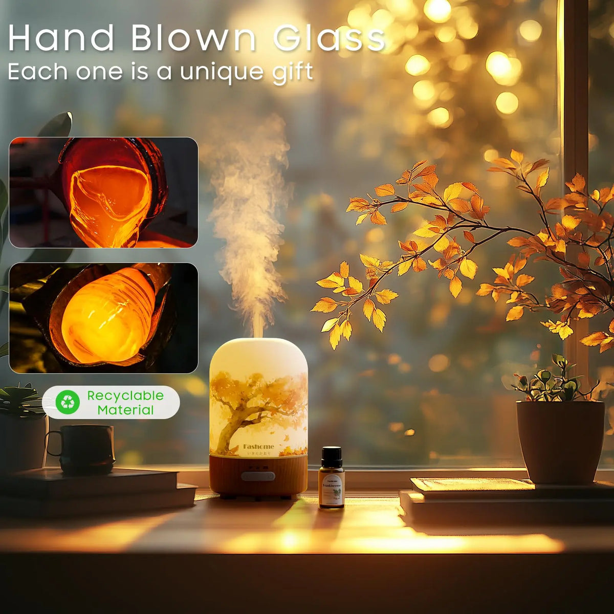 Diffuser Air Humidifier With .3 Oz Essential Oil, Hand Blown Glass Cover With Print, Auto Shut-Off, 3 Timer, 3.3 Oz Capacity Water Tank, Plug In...