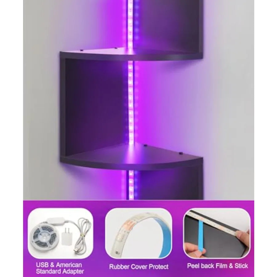5 Tiers Plastic  Floating Corner Shelf with RGB LED Lights 49.2" Wall Mount
