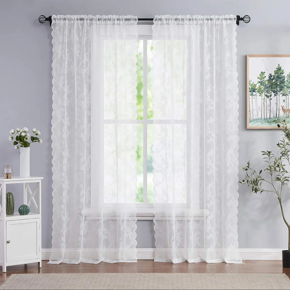 2PC, 3 Different Solid Color Sheer Curtains with Wave Lace Trim And Floral Patterns, Different Sizes....