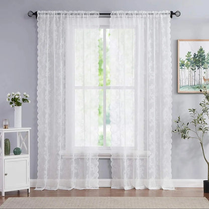 2PC, 3 Different Solid Color Sheer Curtains with Wave Lace Trim And Floral Patterns, Different Sizes....