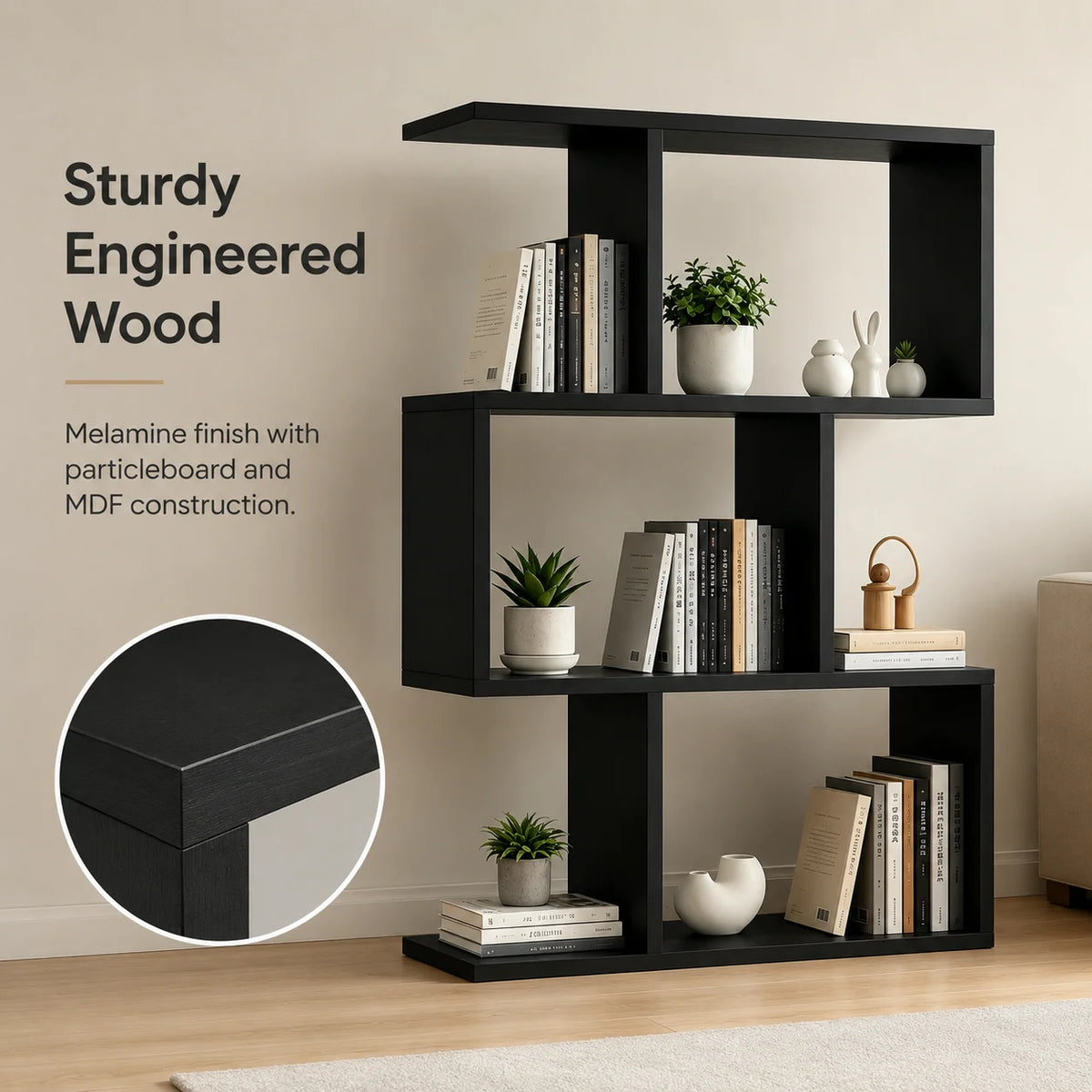 3 Tier Black Wooden Bookshelf Open Display ....