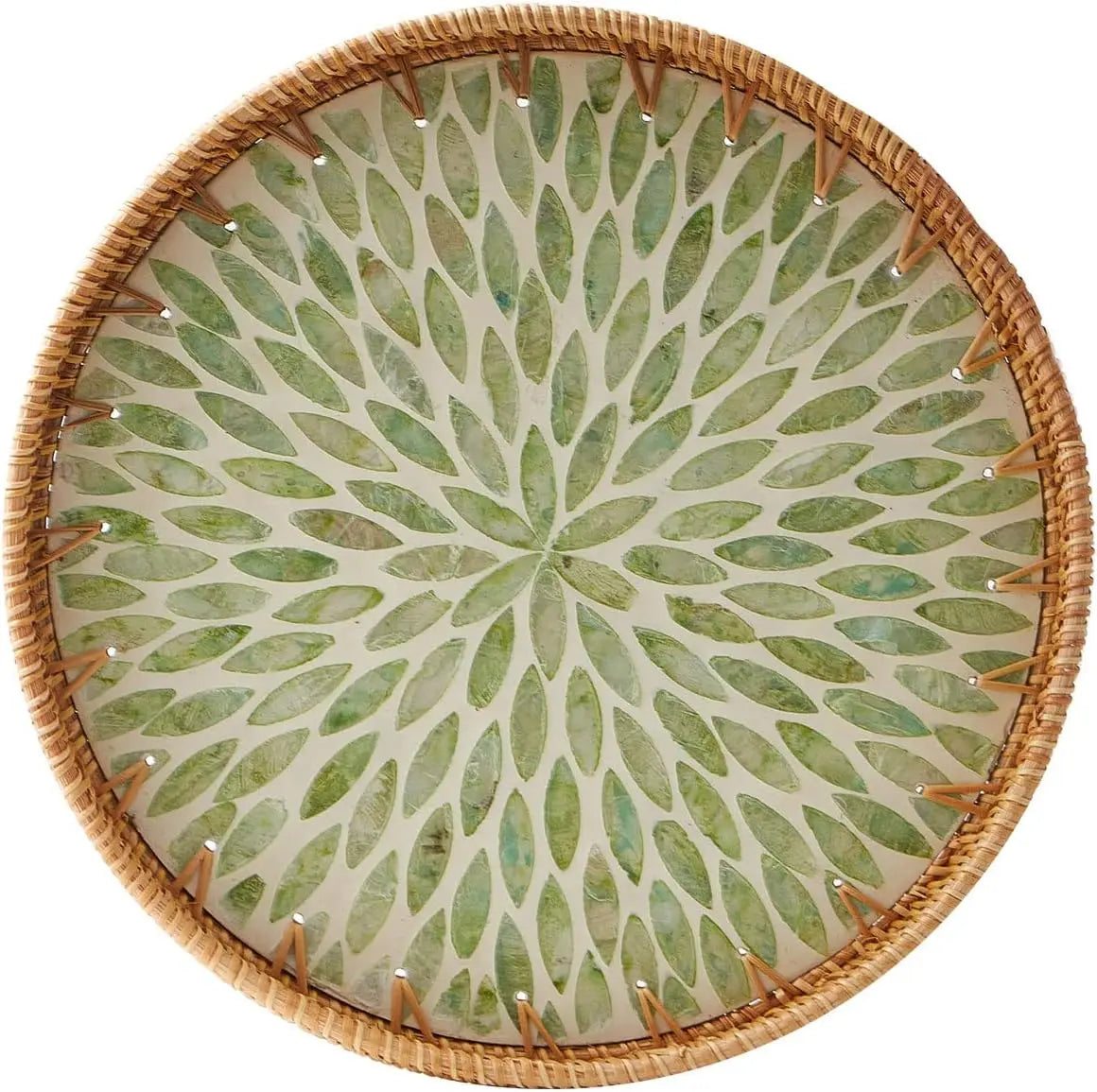 Woven Rattan Wicker Tray with Mother of Pearl Inlay With Wooden Base.....