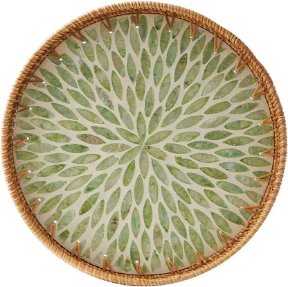 Woven Rattan Wicker Tray with Mother of Pearl Inlay With Wooden Base.....