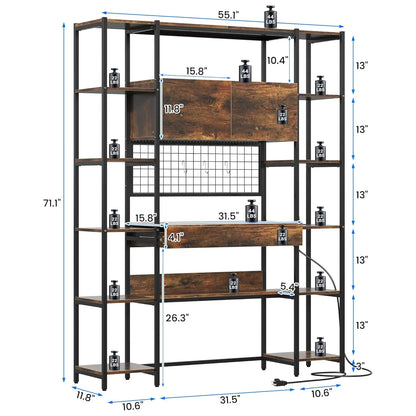 5 Tiers Rustic Engineered Wooden Bookshelf with Home Office Desk and RGB Lights and Power Outlet, 71.1" Tall