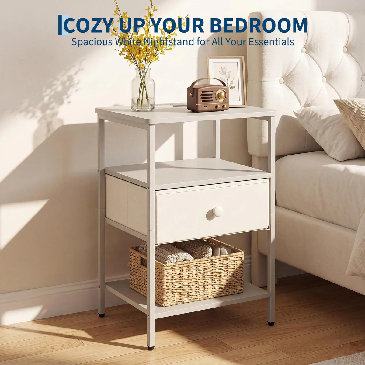 Nightstand With Charging Station, 3-Tier With Fabric Drawer, Metal Frame