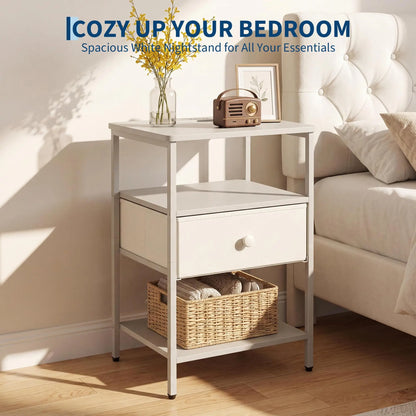 Nightstand With Charging Station, 3-Tier With Fabric Drawer, Metal Frame