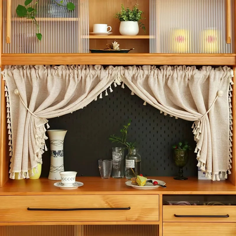 Beige Pinkish Curtains 30 inch Width 2 Panels, Sheer with Tassel for Kitchen Window Curtains, 2 Sizes
