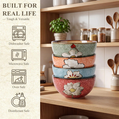 Set Of 4 Hand Painted  Ceramic Cereal Bowls 6 Inch, Dishwasher Microwave And Oven Safe