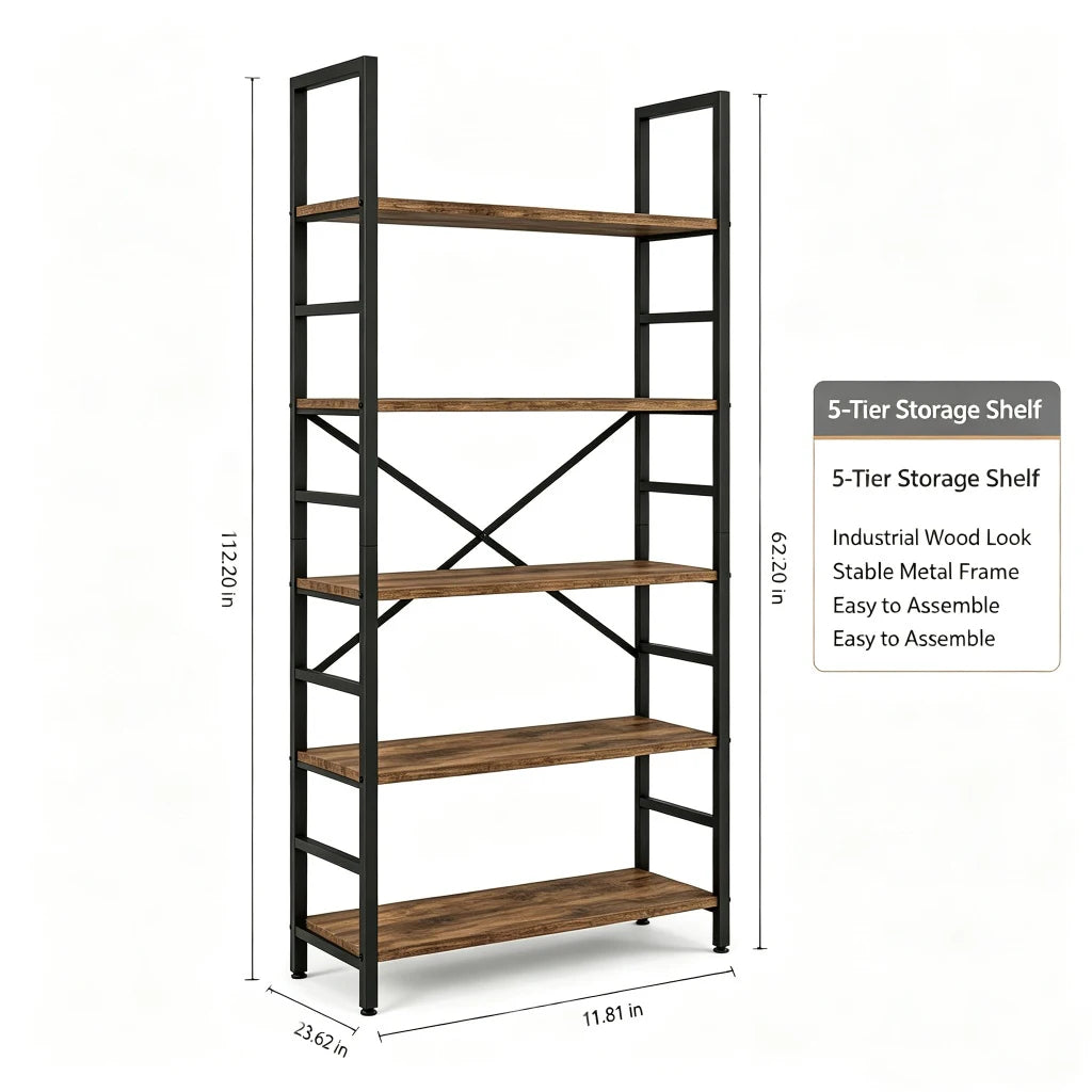 5＆6 Tier Rustic Wood Bookshelf Black Metal Frame Freestanding