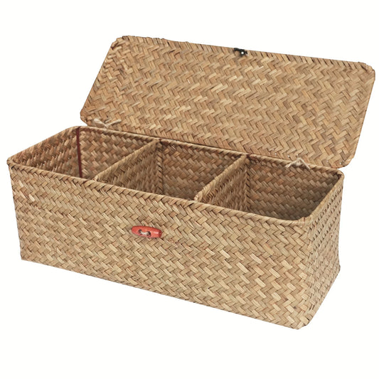 1 Bohemian style storage basket with lid, woven Wicker, with red button closure....