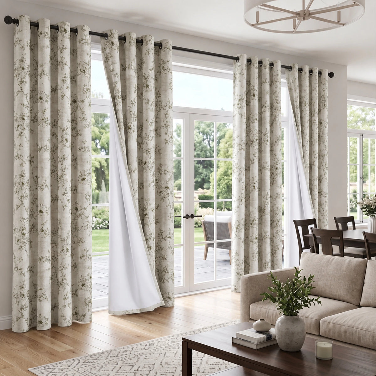 Botanical Green Floral Blackout Curtains 4 Panels Set, Total Blackout, with White Coating Backing, 4 Sizes.....