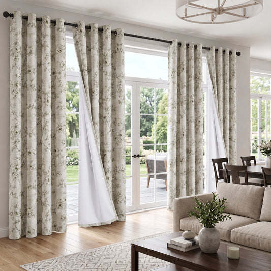 Botanical Green Floral Blackout Curtains 4 Panels Set, Total Blackout, with White Coating Backing, 4 Sizes.....