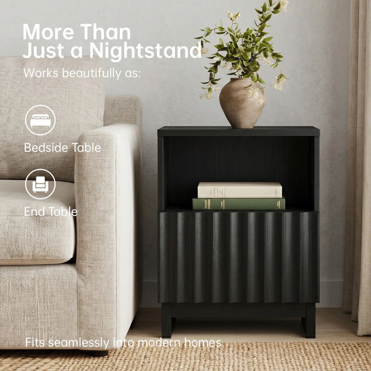 Fluted wooden Nightstand, 17.7 inch With Storage Drawers & Open Shelf...