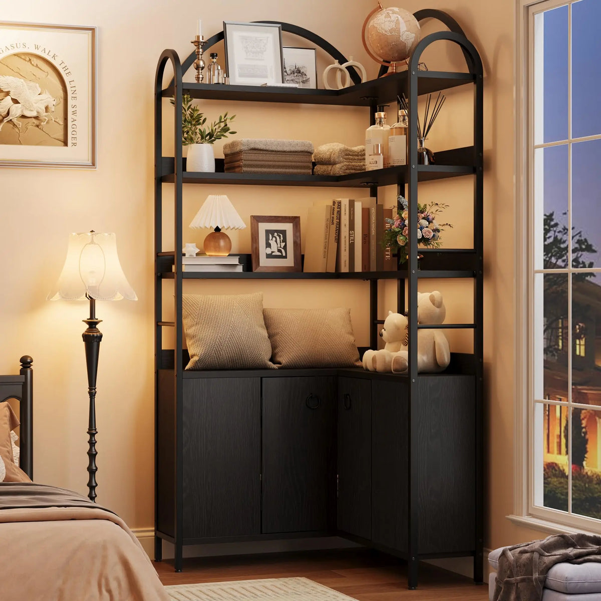 74" Tall 6-Tier Wooden Corner Shelf with Cabinet Doors - Rustic Metal & Wood Bookshelf