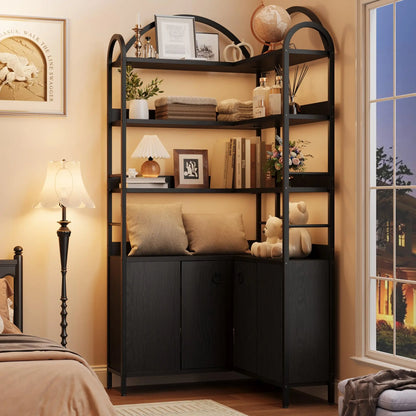 74" Tall 6-Tier Wooden Corner Shelf with Cabinet Doors - Rustic Metal & Wood Bookshelf