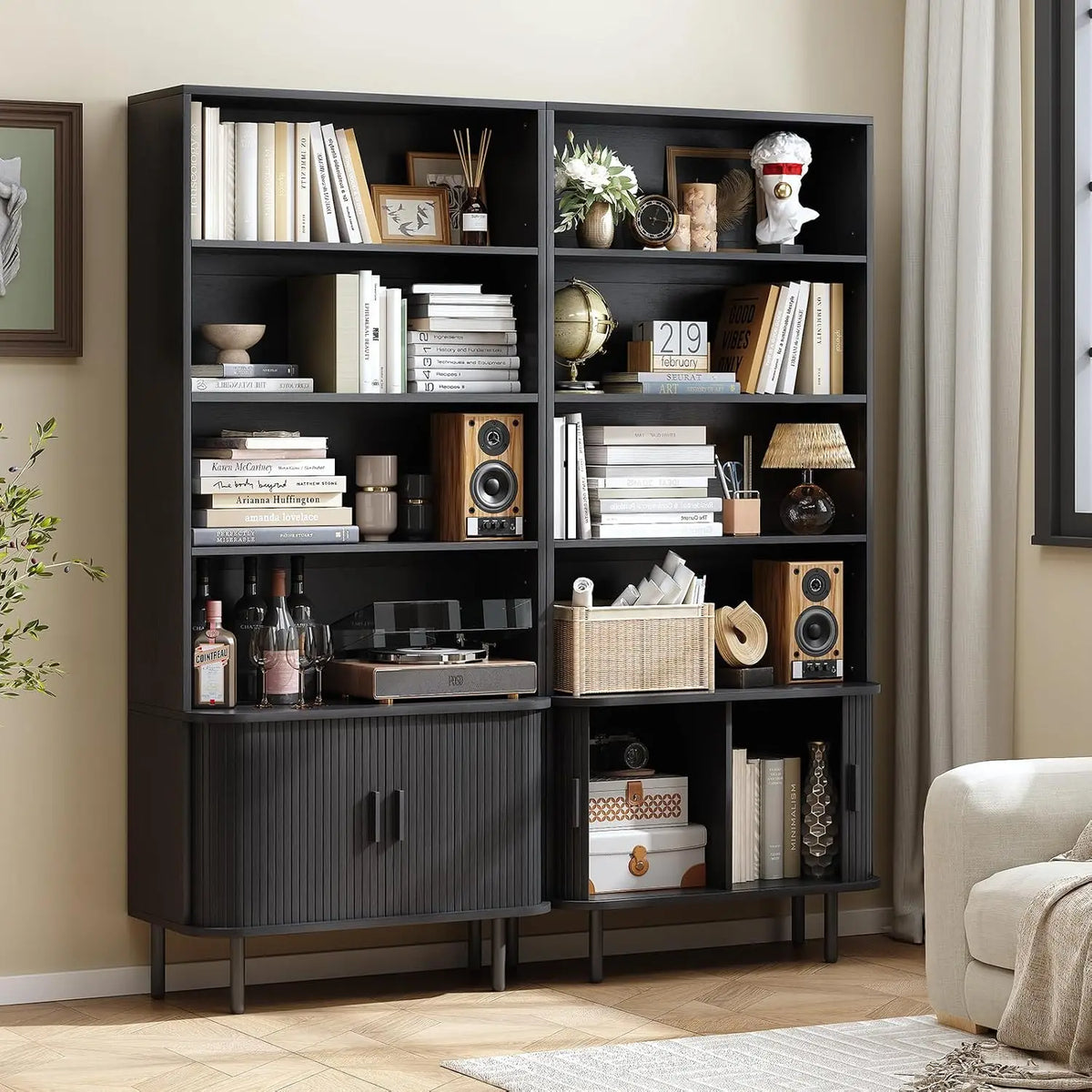 71 Inch Sliding Door Wooden Bookshelf with Adjustable Shelves, Freestanding.....