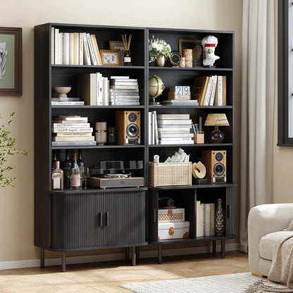 71 Inch Sliding Door Wooden Bookshelf with Adjustable Shelves, Freestanding.....
