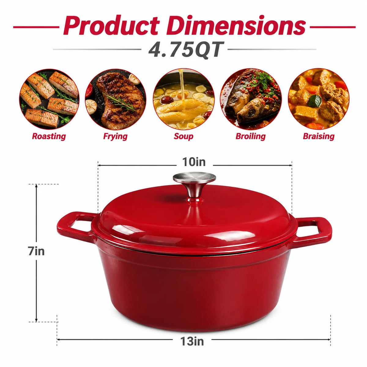 4.75Qt Enameled Cast Iron Dutch Oven With Lid, Non-Stick Enamel Coating, & Oven Safe....
