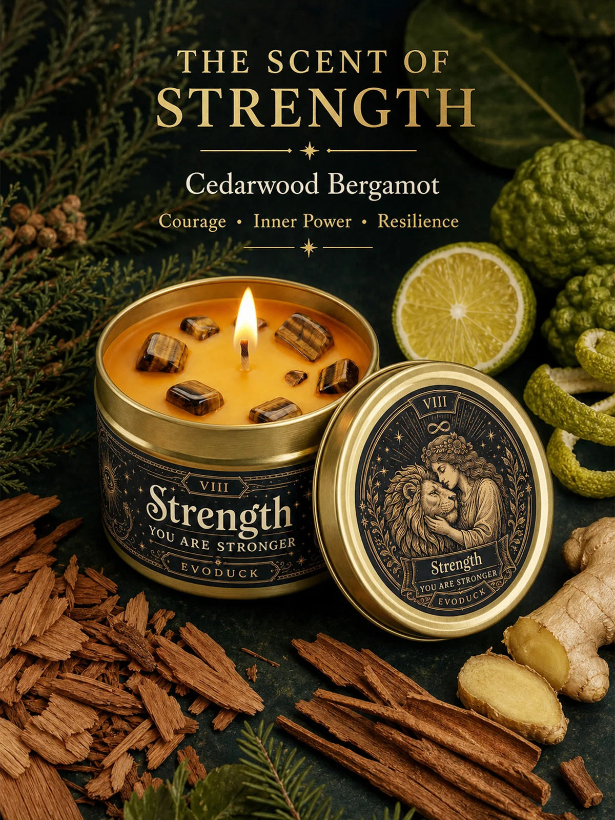 Strength Tarot Candle, Cedarwood Bergamot Scented .Tiger Eye Cristal. 1/2/3 Sets, for Meditation, Courage Confidence, 3 Oz.....