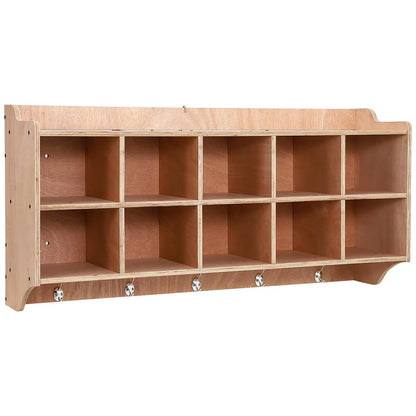 Wall Mount Kids Wooden Storage Organizer With 10 Cubbies, 5 Hooks And Top Shelf,