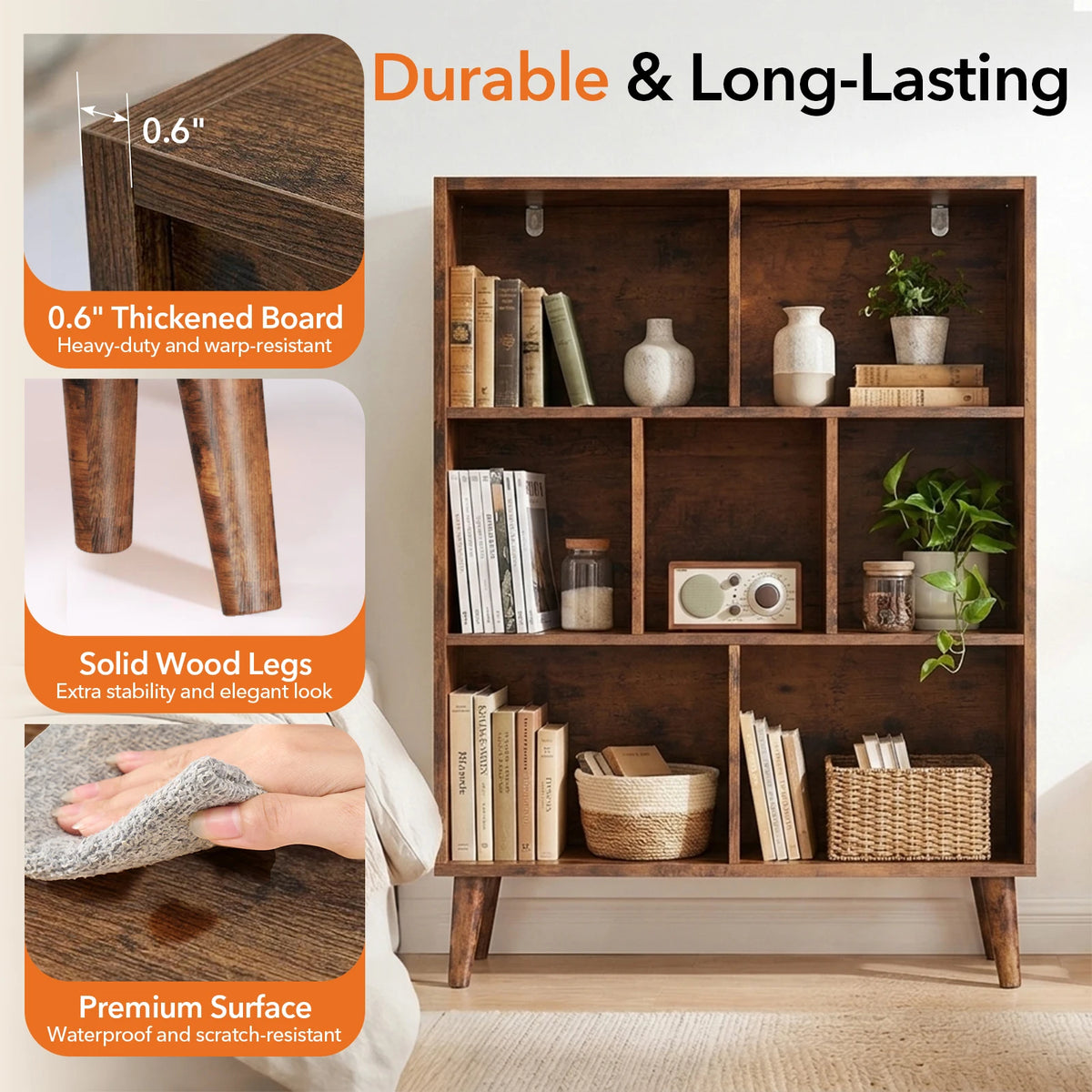 7 Cube Wooden Storage Bookshelf with Legs 3-Tier Standing