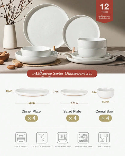 Dinnerware Set For 4 Off White Speckled Glazed Ceramic Stoneware 12 Pieces Plates And Bowls Set Microwave Safe.....