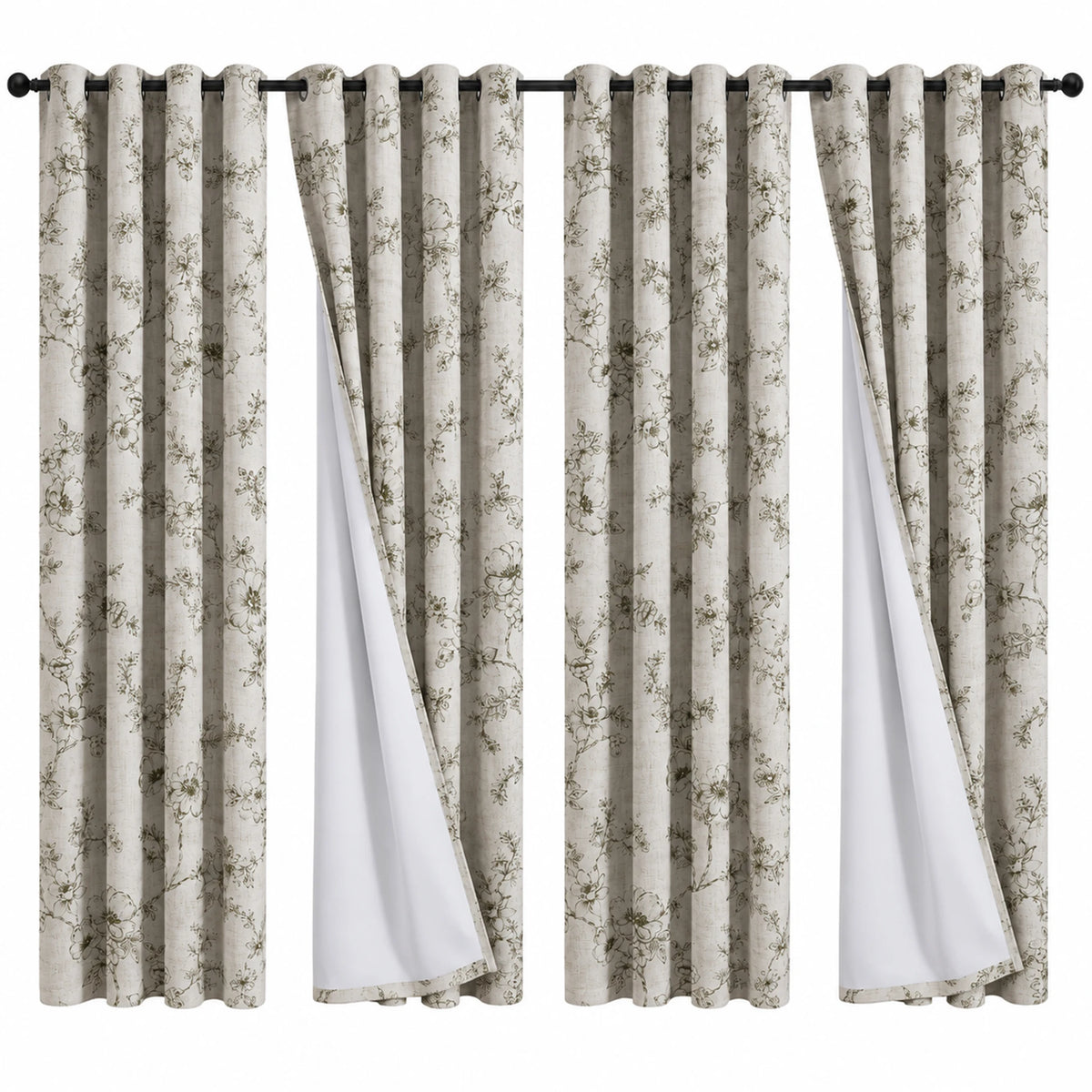 Botanical Green Floral Blackout Curtains 4 Panels Set, Total Blackout, with White Coating Backing, 4 Sizes.....