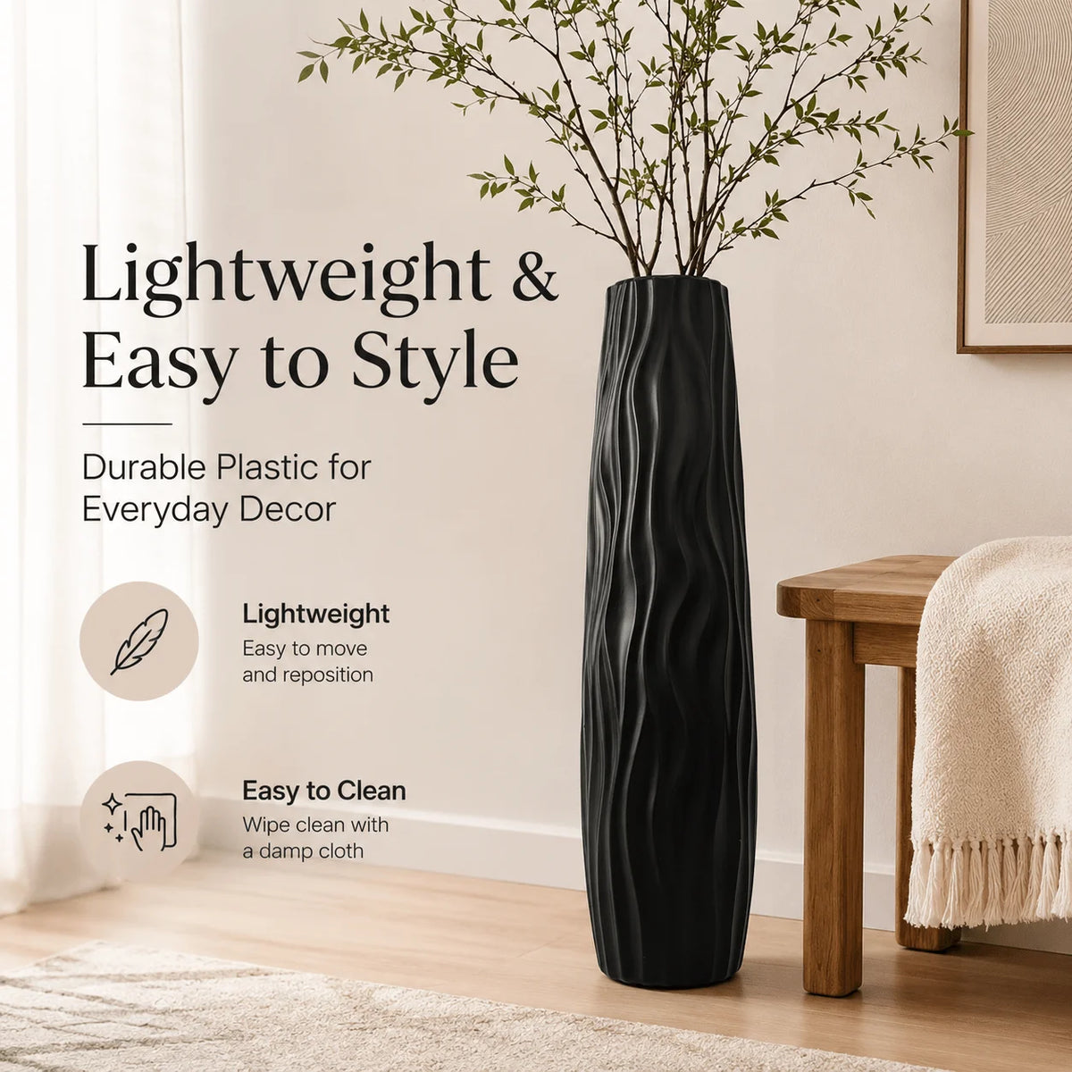 Modern Black Tall Floor Vase, Elegant Wavy Plastic Flower Pot,