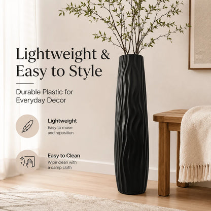 Modern Black Tall Floor Vase, Elegant Wavy Plastic Flower Pot,