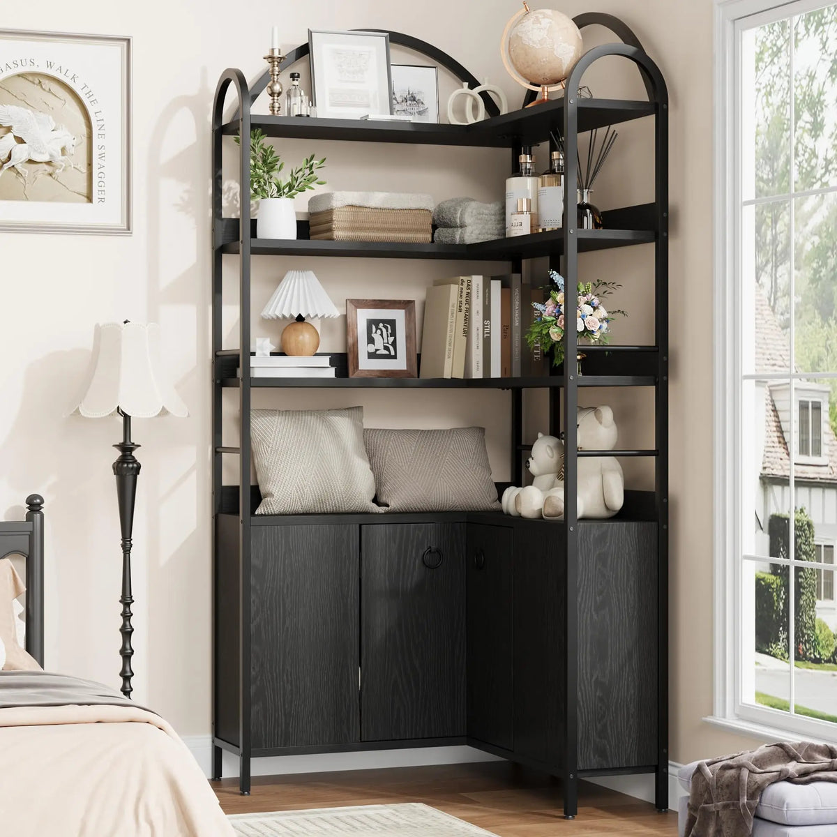 74" Tall 6-Tier Wooden Corner Shelf with Cabinet Doors - Rustic Metal & Wood Bookshelf