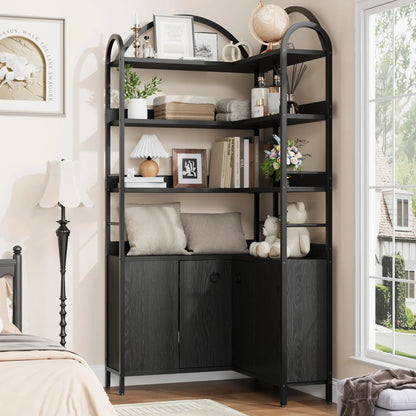 74" Tall 6-Tier Wooden Corner Shelf with Cabinet Doors - Rustic Metal & Wood Bookshelf