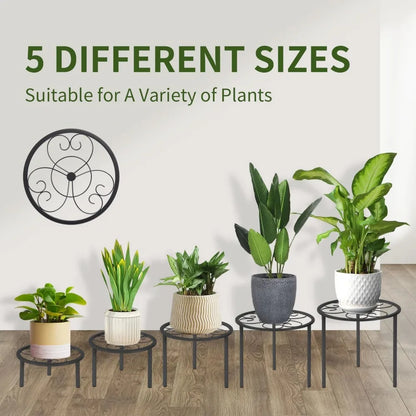 Set Of 5 Metal Plant Stands, Indoor Outdoor, Black, Various Sizes