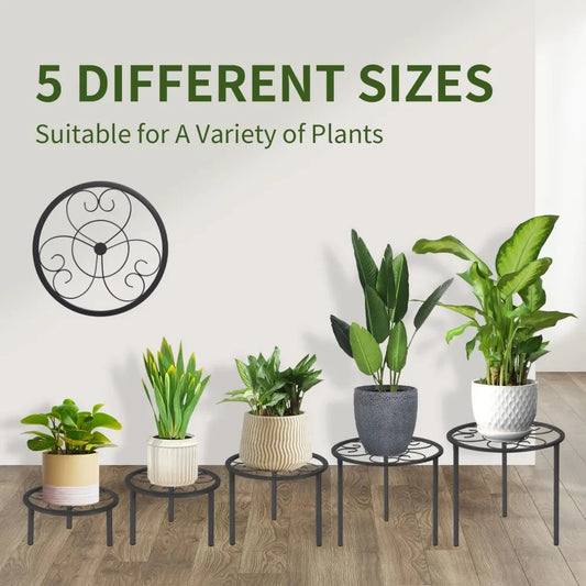 Set Of 5 Metal Plant Stands, Indoor Outdoor, Black, Various Sizes