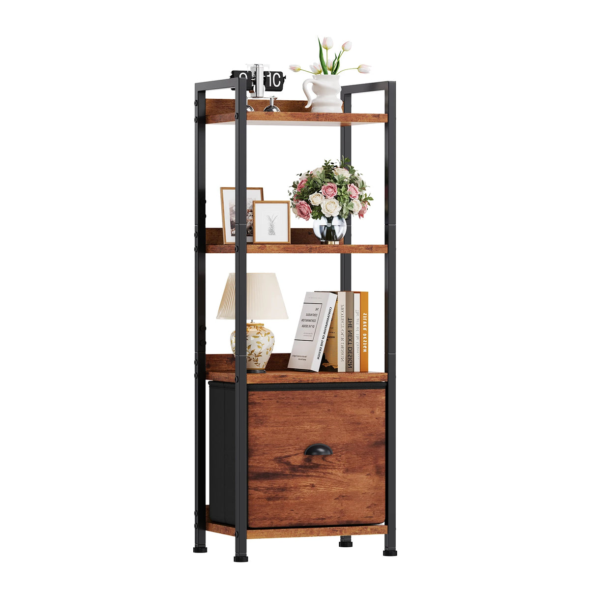 4-5 Tier Storage shelfs with Fabric Drawer Standing Book Shelf, Wood and Metal