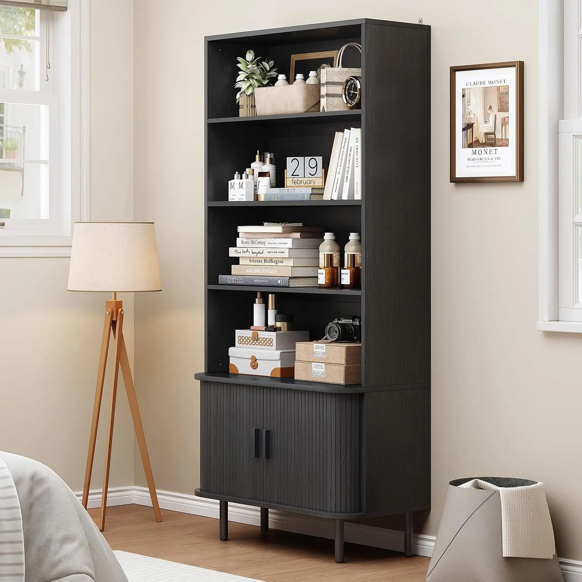 71 Inch Sliding Door Wooden Bookshelf with Adjustable Shelves, Freestanding.....