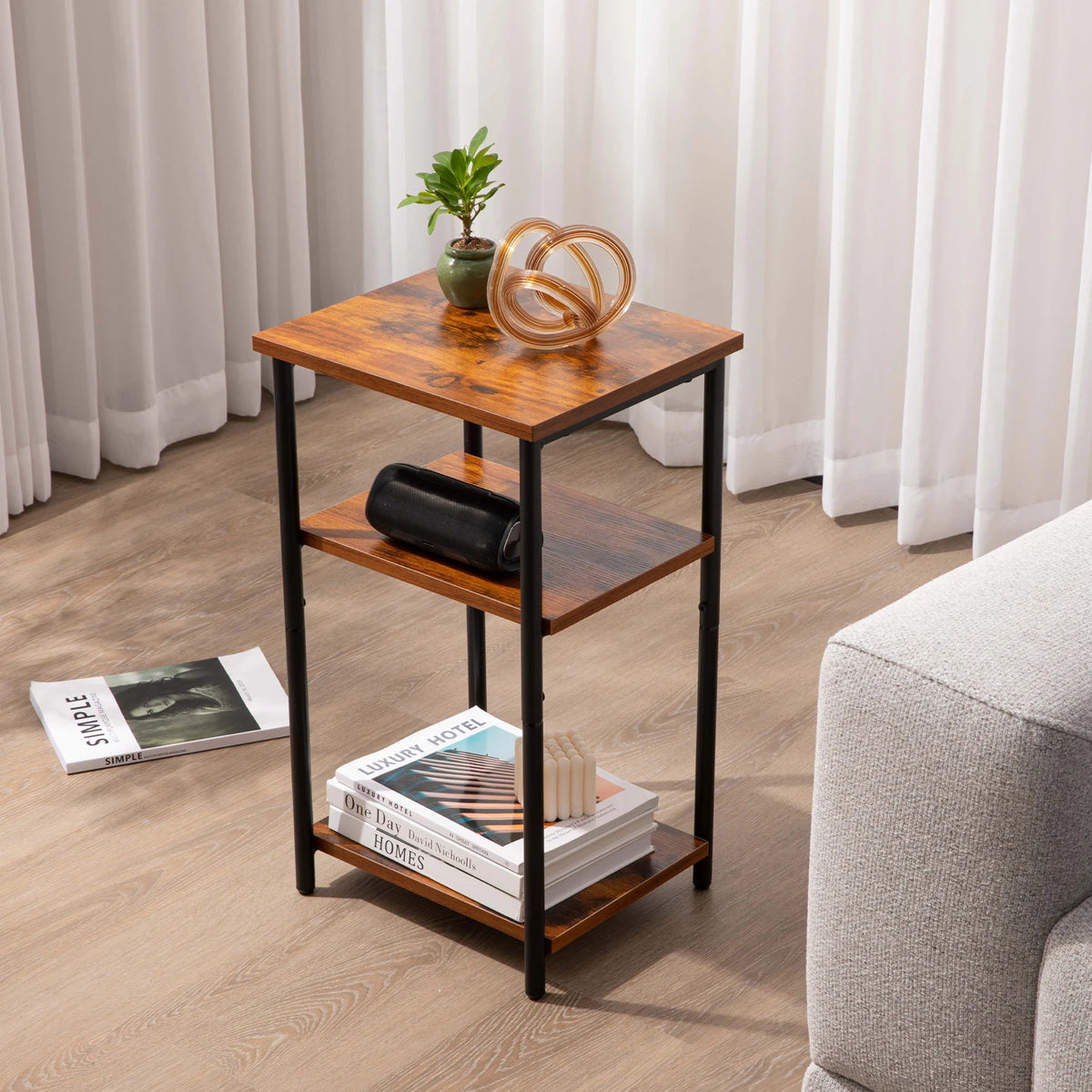 JHK 2/3-Tier End Tables with Adjustable Feet Steel Frame
