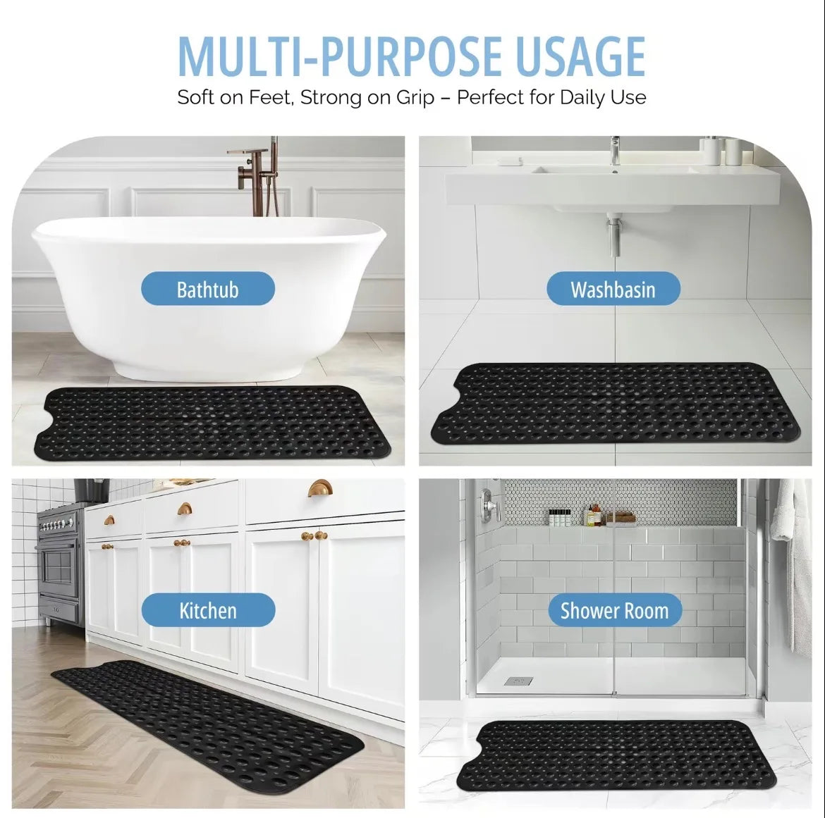 Extra Long Non Slip Bathtub Shower Mat 40 X 16 Inch, Drain Holes, Machine Washable, in 4 Colors.....