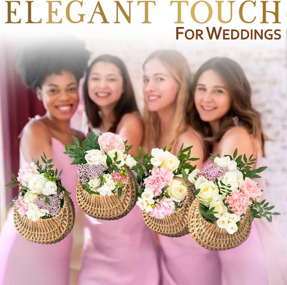 Flower Girl Basket Set of 2, Rattan Handwoven Wicker Baskets with Handle, 6.3" x 5.12" x 3.75", Waterproof Lining; for Wed