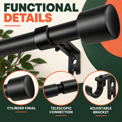 Black 30-144 Inch Adjustable, Telescopic Curtain Rod Set with Brackets 1 Inch Diameter for Living Room Bedroom Window
