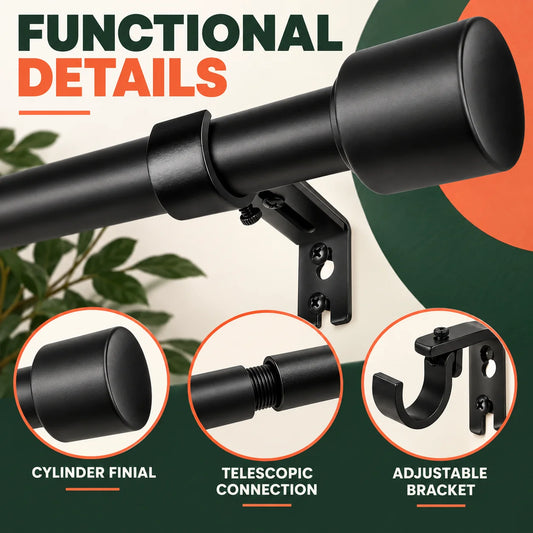 Black 30-144 Inch Adjustable, Telescopic Curtain Rod Set with Brackets 1 Inch Diameter for Living Room Bedroom Window
