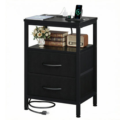 2 Fabric Drawers Bedside Night Stand with Open Shelf  USB Ports