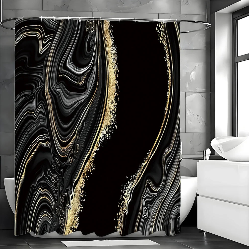 Luxury Abstract Liquid Black and Gold Marble Texture Shower Curtain....